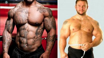 a split image of a muscular guy and a fat guy