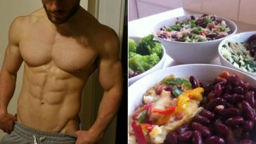 a split image a shredded guy and four bowls of food