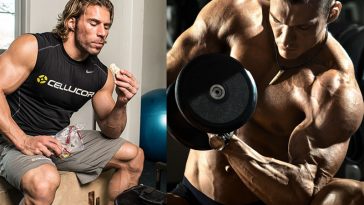 Bodybuilder eating food and a bodybuilder doing curls