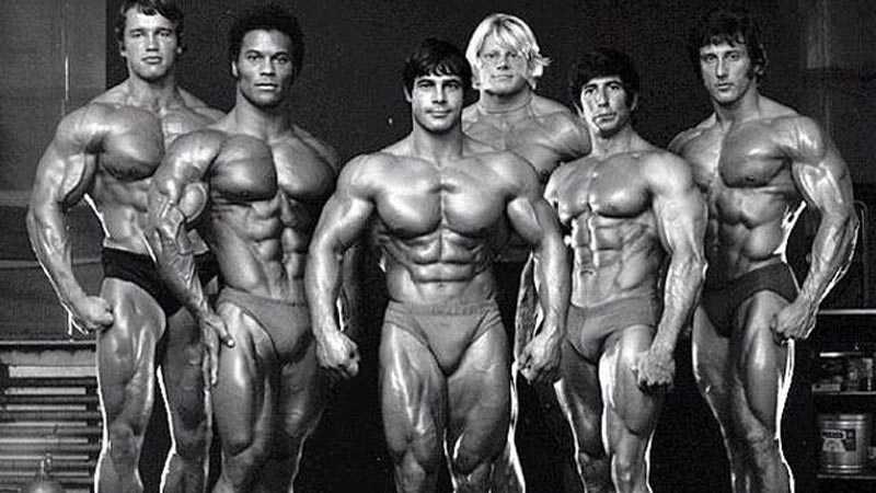 a photo of multiple golden era bodybuilders