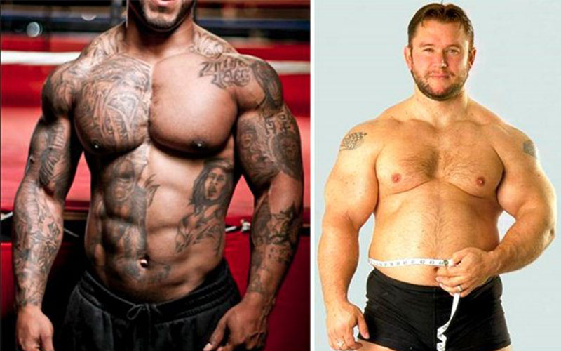 a split image of a muscular guy and a fat guy