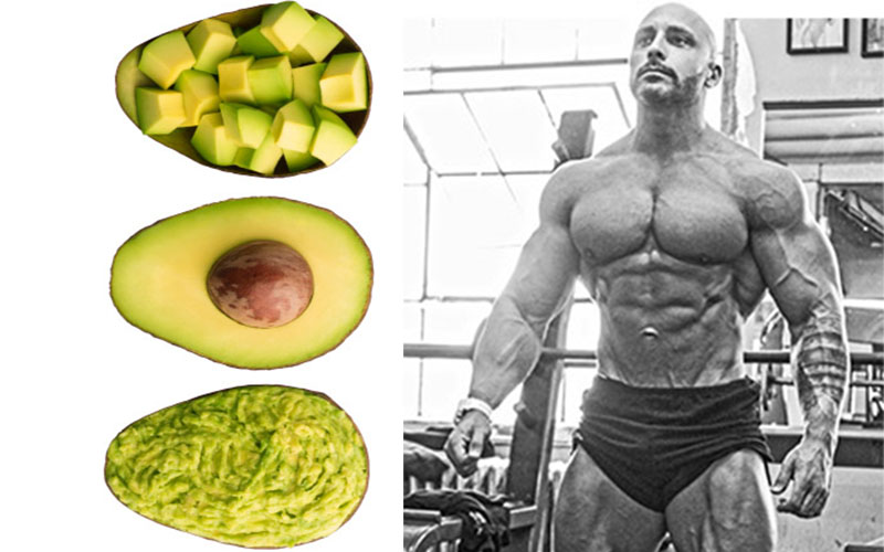 a split image of avocados and a bodybuilder
