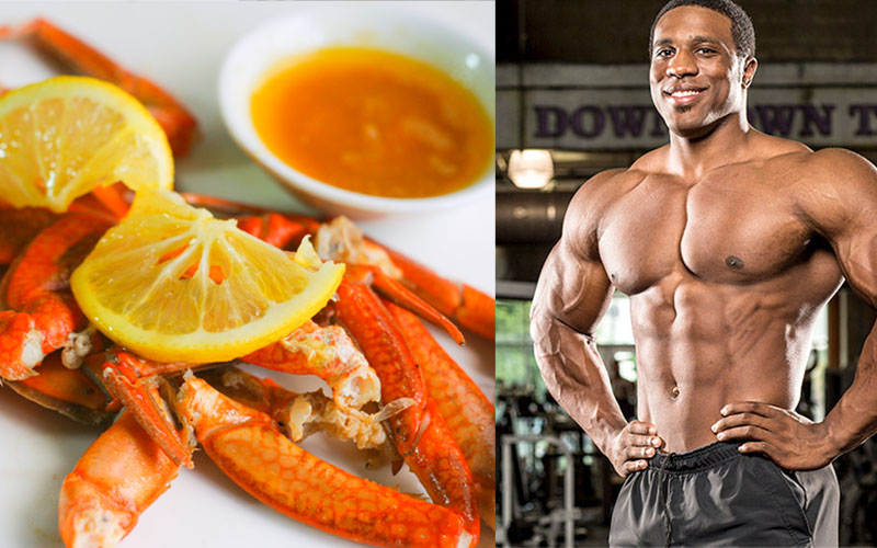 a split image of cooked crab and a bodybuilder