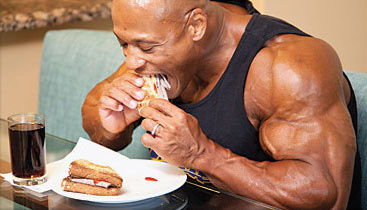 bodybuilder eating a toasted sandwich