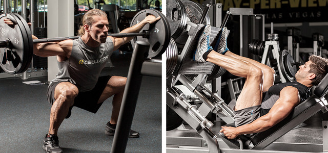 a split image of someone squatting and someone doing leg presses