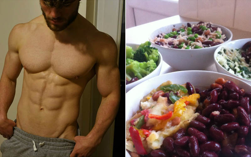 a split image a shredded guy and four bowls of food