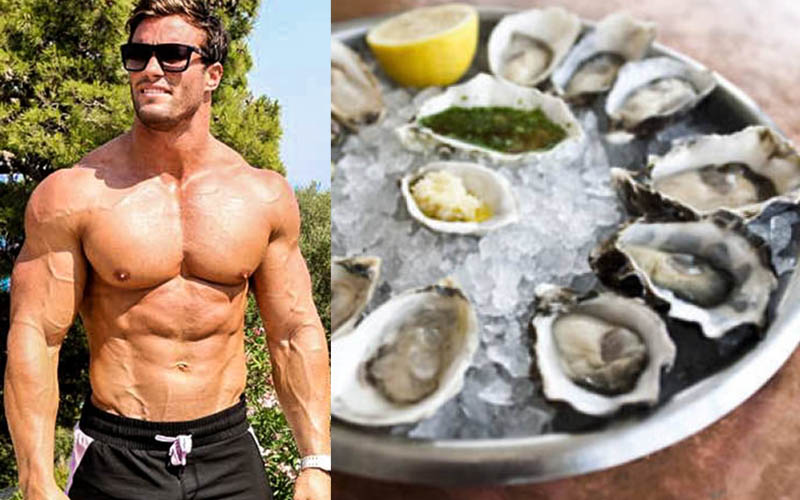 a split image of calum von moger and a plate of oysters for the benefits of zinc for bodybuilding