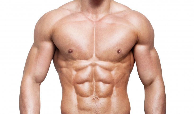 Muscular, lean man with abs showing off physique on white background
