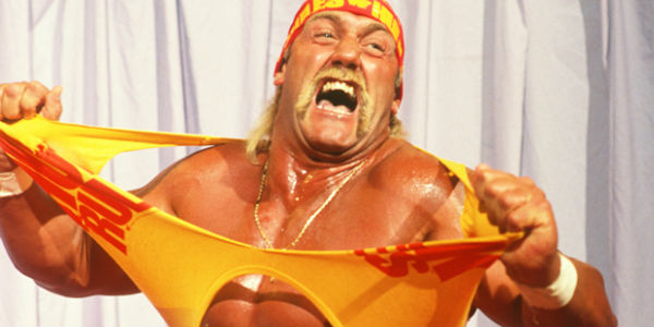 Hulk hogan tensing muscles and ripping shirt