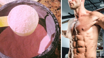 Pre workout powder and a shredded, lean male fitness model