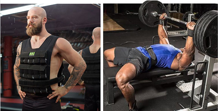 man wearing a weighted vest and a man doing a bench press