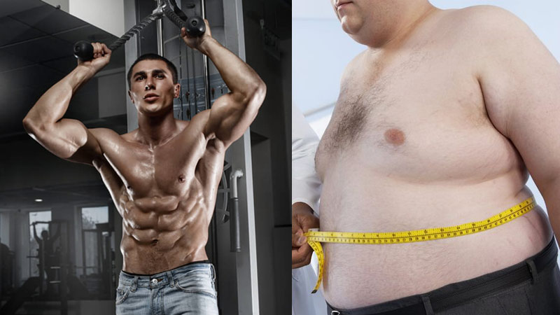 image showing ripped and shredded athlete in comparison to high body fat obese man