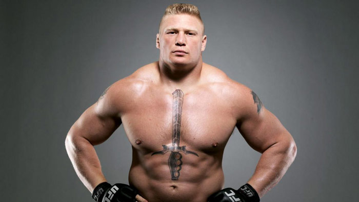 brock lesnar showing highly developed muscular physique in UFC fighting gloves