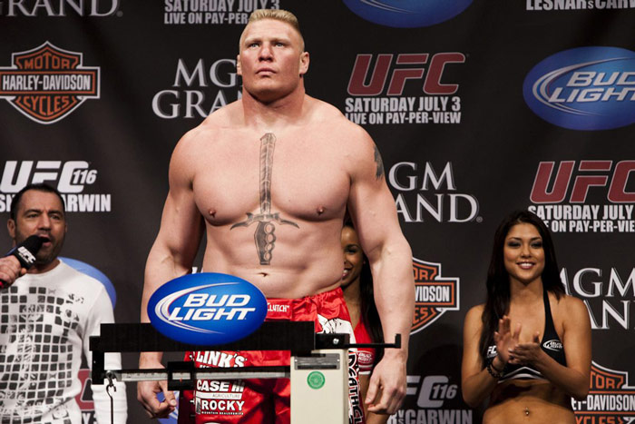 Brock Lesnar shows off powerful physique and muscles at UFC weigh ins