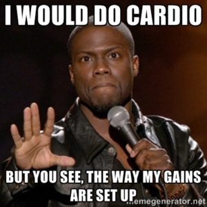 meme demonstrating cardio damages weight lifting gains