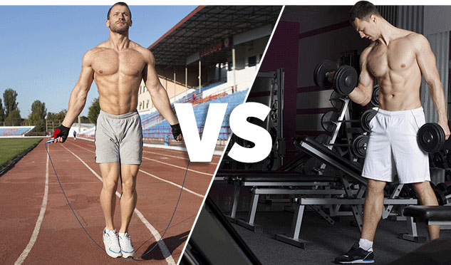 bodybuilder performing cardio vs a bodybuilder lifting weights