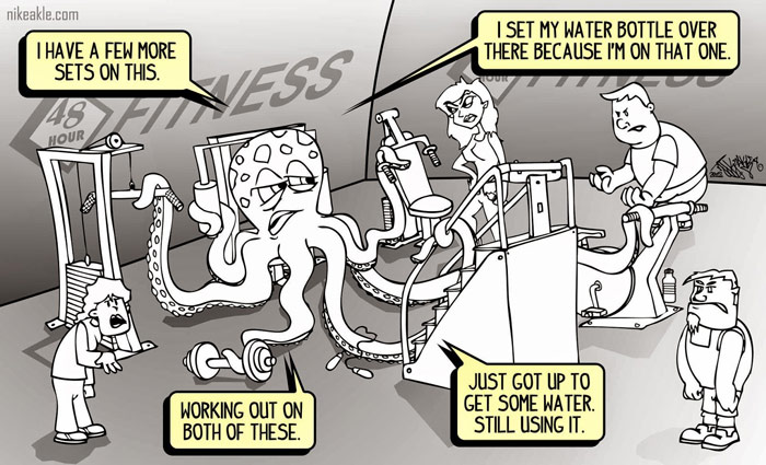 cartoon showing octopus using bad gym etiquette and hogging eqipment