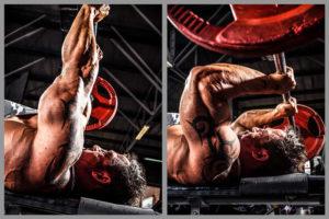 bodybuilder performs skull crushers as rich piana arms workout