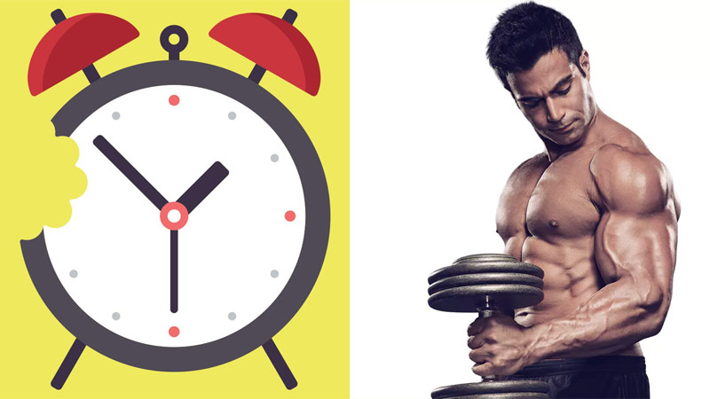 Clock with chunk bitten out to represent fasting and bodybuilder representing potential muscle that could be lost