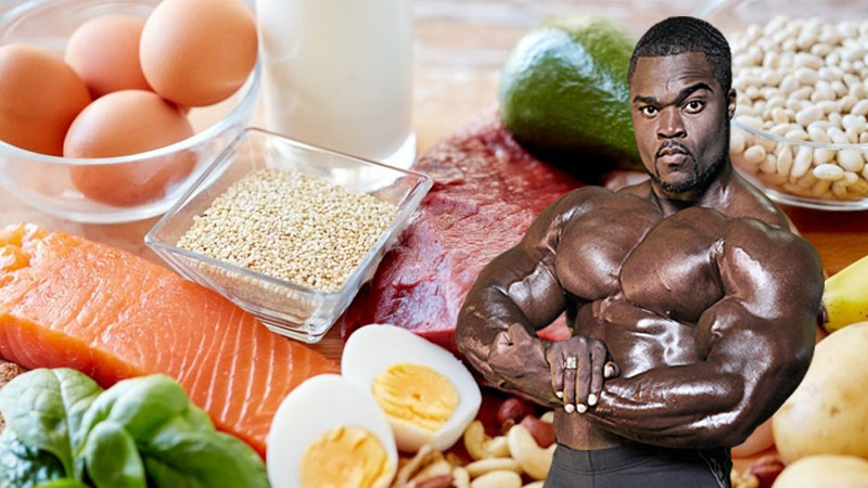 protein foods overlaid with bodybuilder