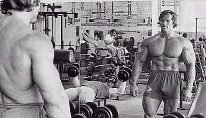 Arnold Schwarzenegger studying his physique and using the Goldilocks principle