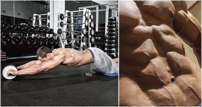 Guy performing ab roll out next to image of abs
