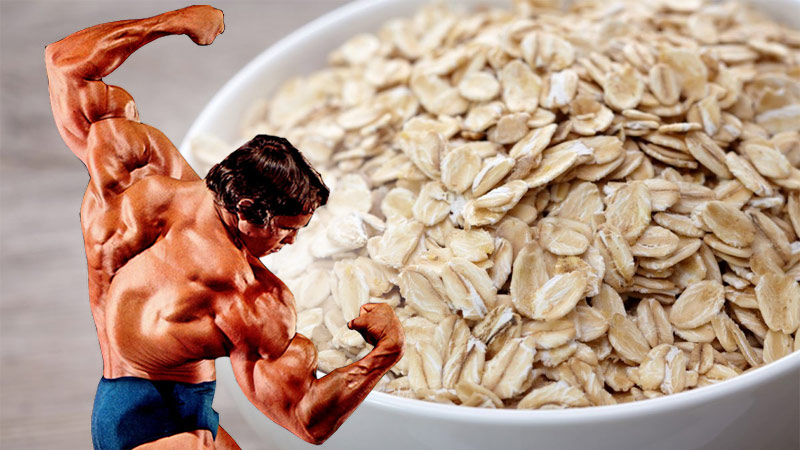 arnold schwarzenegger posing next to a bowl of oats