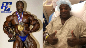 8x Mr. Olympia Ronnie Coleman posing with trophy and in hospital bed