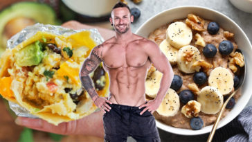 breakfast burrito, bowl of oatmeal, and muscular male fitness model