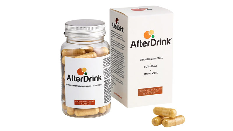 AfterDrink hangover cure pill product image showing box, bottle, and capsules