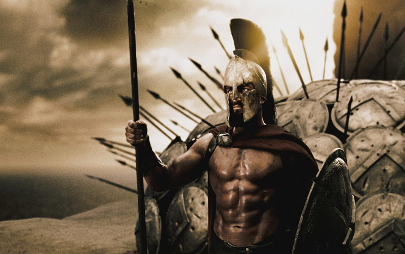 Hollywood actor Gerard Butler portraying spartan warrior in movie 300 showing ancestors built muscle without supplements