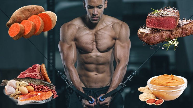 ectomorph surrounded by muscle building foods