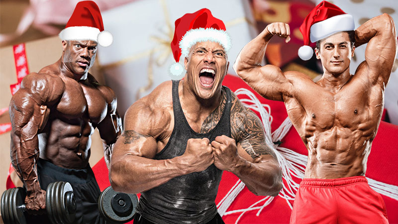 Three famous bodybuilders wearing santa hats
