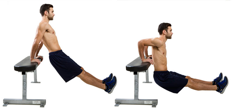 bench tricep dips performed by muscular man