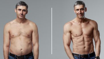 Man showing a dad bod transformation. Overweight in the first image and muscular in the second