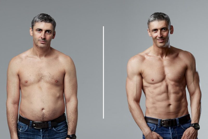 Man showing a dad bod transformation. Overweight in the first image and muscular in the second