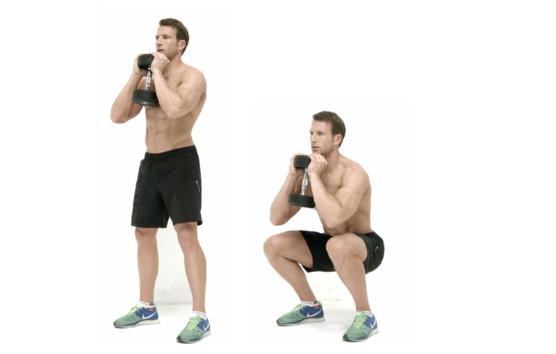dumbbell goblet squat performed by muscular man