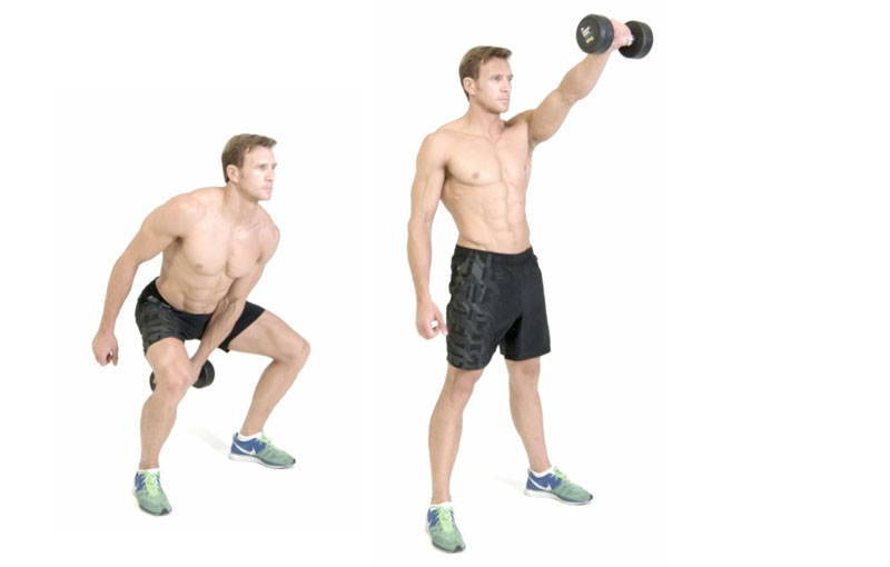 one arm dumbbell swing performed by muscular man