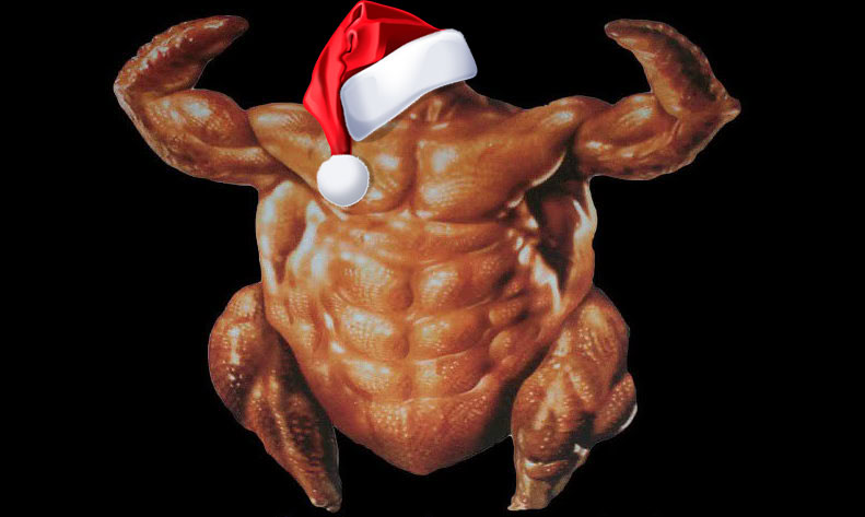 roast turkey with ab muscles wearing a Christmas hat