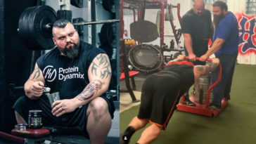 Strongman Eddie Hall pushing 1200 lb on prowler