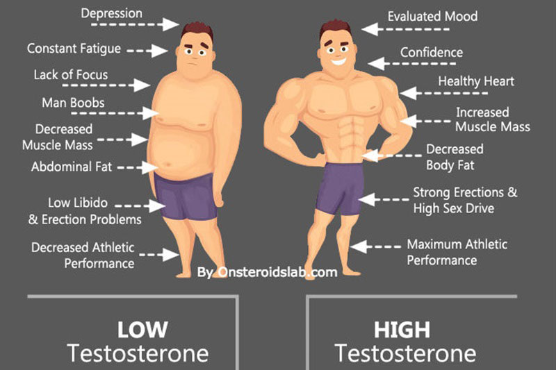 Cartoon illustration showing signs and symptoms of low testosterone