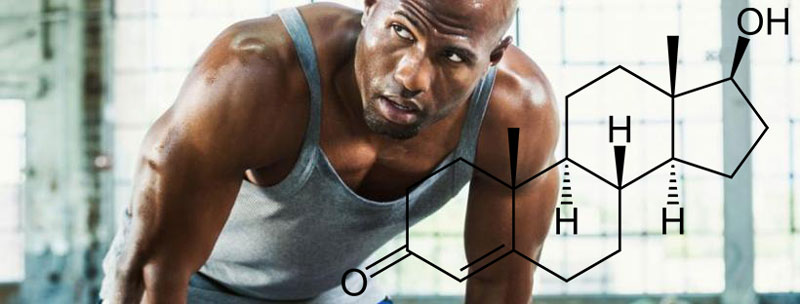 Photograph of man after exercising hard overlaid with chemical formula of testosterone
