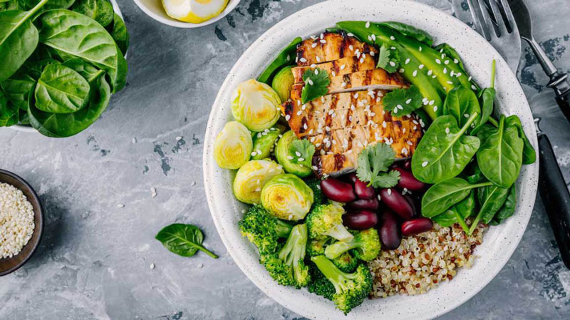 Macronutrients for muscle building shown prepared in a bowl