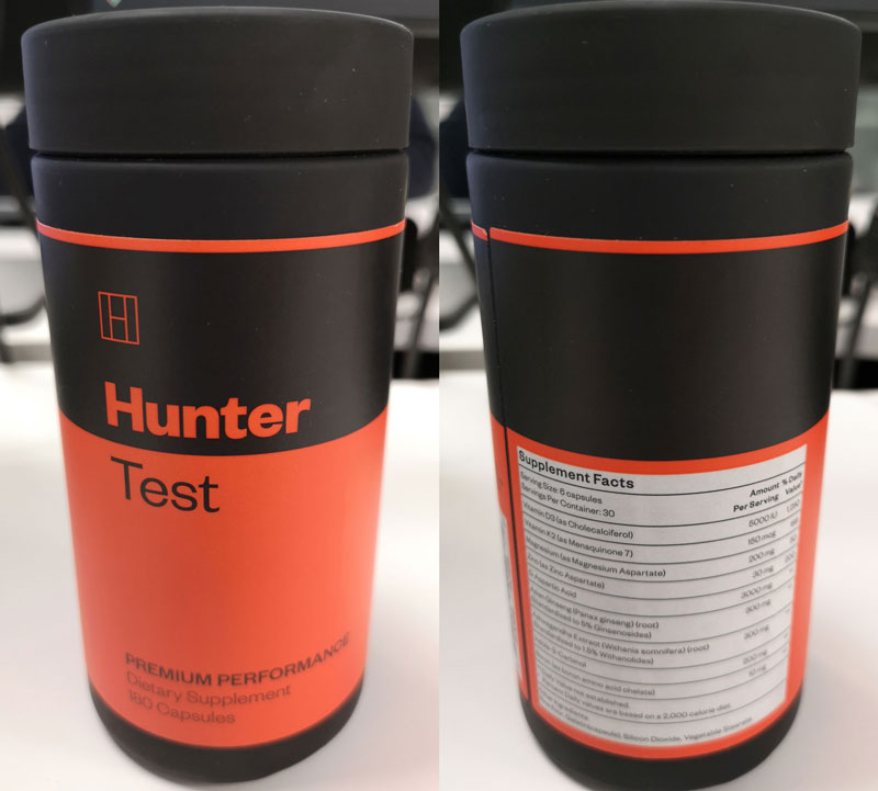 Two cartons of Hunter Test side by side showing front and back of container