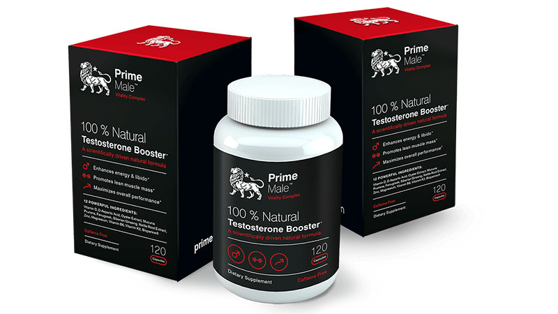 Prime Male testosterone booster bottle and boxes