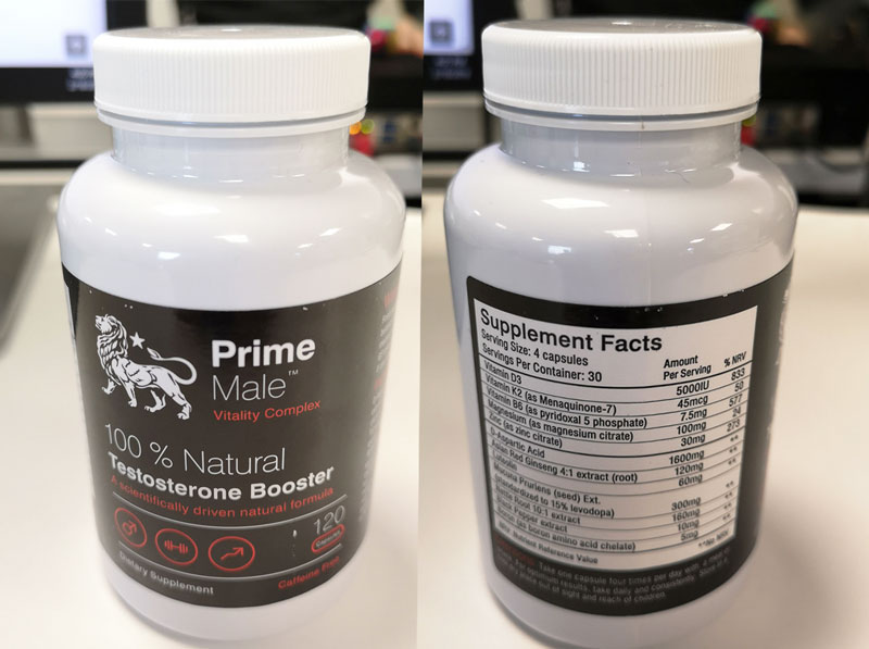 Prime male testosterone booster bottle front and back images