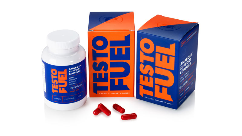 Professionally shot photograph of TestoFuel box, bottle, and capsules