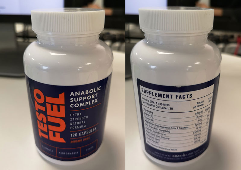 TestoFuel bottle including product ingredient label