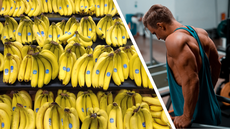 Bananas next to bodybuilder to signify best time to eat carbs for muscle building