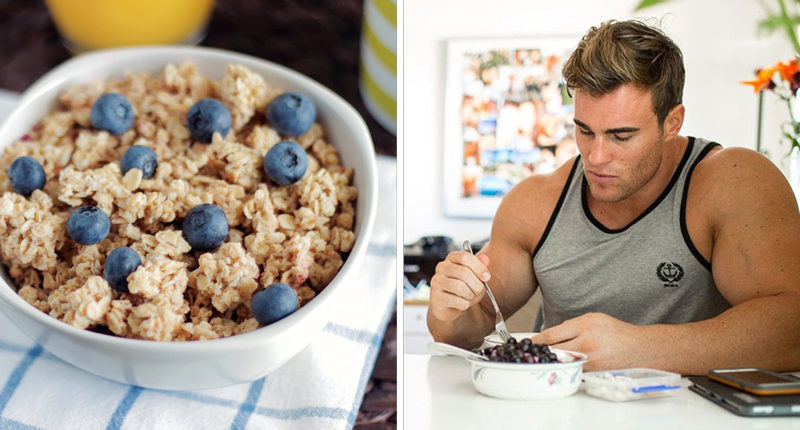 Bowl of oatmeal next to Calum Von Moger to signify why carbs are important for muscle building